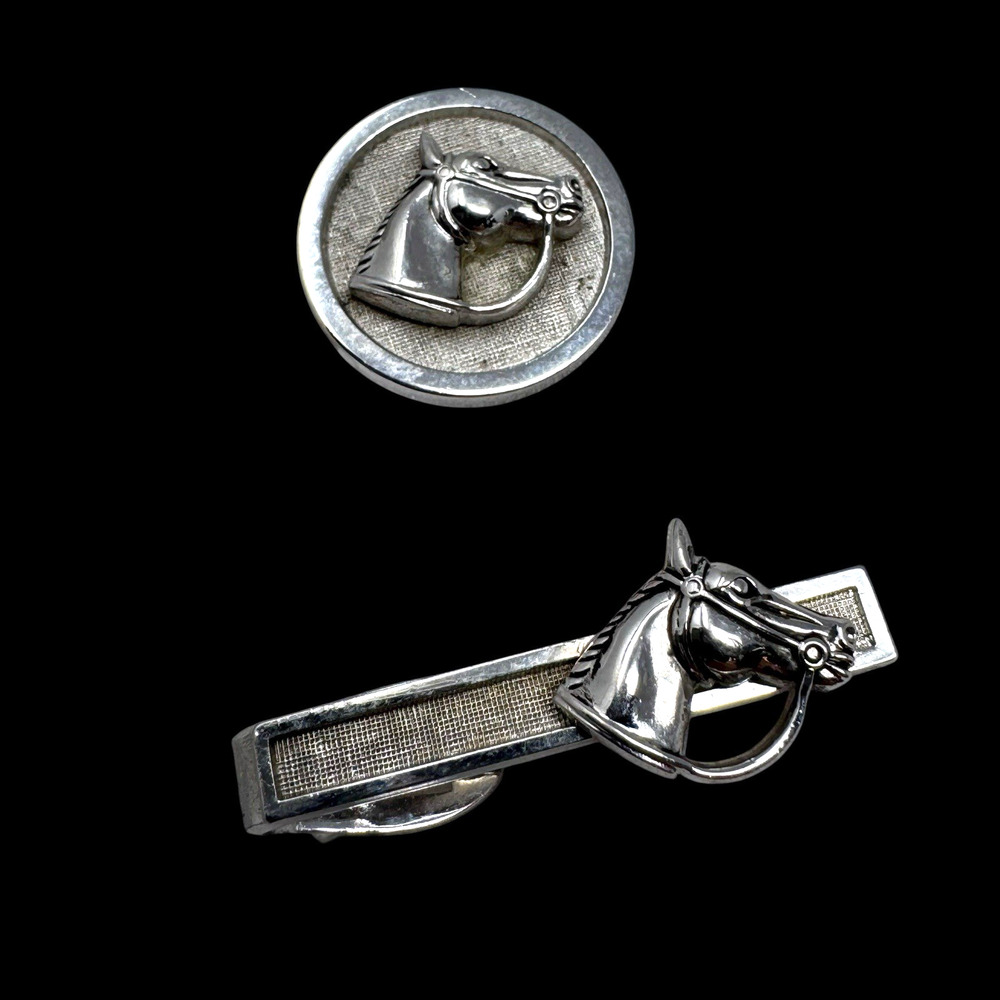 Vintage Silver Tone Horse Head Tie Clip & Single Cufflink Equestrian Set EUC
